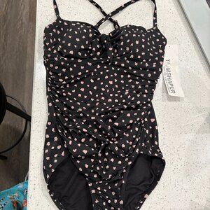 Trimshaper Black brown  peep hole front one piece swimsuit sz 10